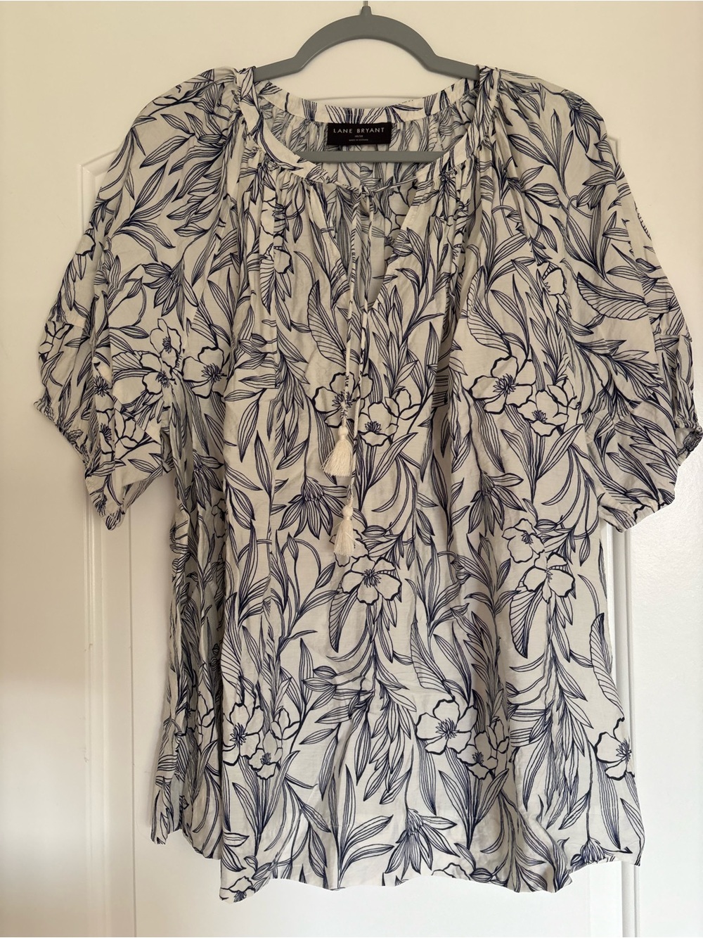 Lane Bryant Navy and White Floral Tie-Front Peasant Blouse